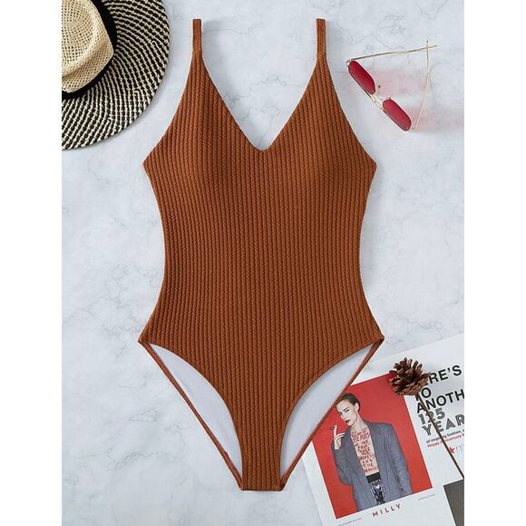 Womens Rust Brown Ribbed V-Neck Bathing Suit Cross Back One‎ Piece Swimsuit M - Picture 1 of 7